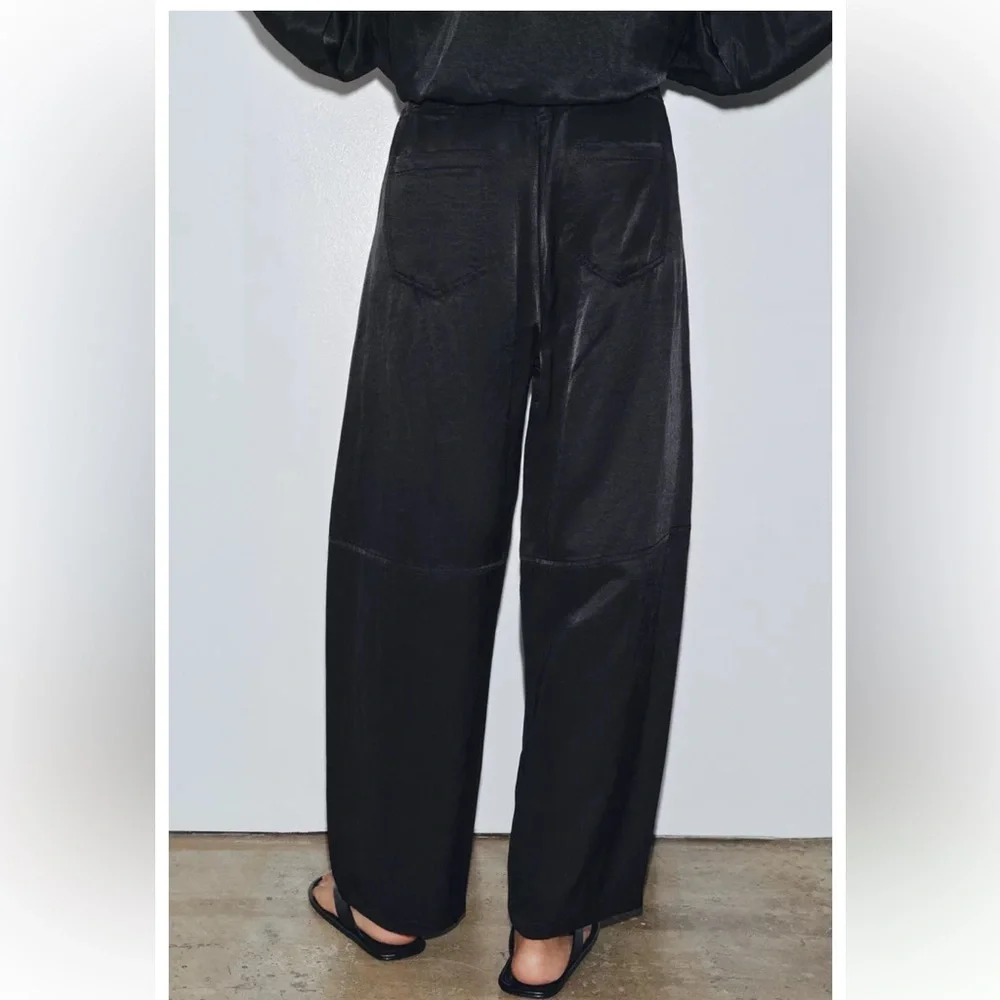 Zara ZW COLLECTION FLOWY PANTS linen blend black Sz XL - Picture 2 of 14
